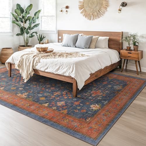 Washable Navy Blue Living Room Rug, 8x10 Area Rug For Bedroom, Dining Room Ru...