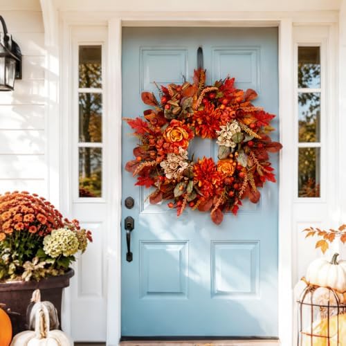 Autumn Harvest Wreath for Front Door 26 Inch, Fall Decor with Orange Dahlias ...