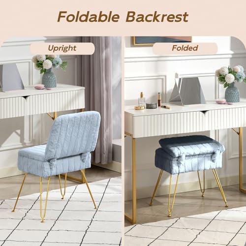 Vanity Chair with Storage | Comfy Ottoman with Folding Back