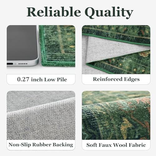 Vintage Dark Green Area Rugs 5x7 for Living Room, Tranditional Distressed Med...