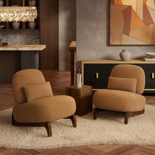 Morden Fort Boucle Chair,Upholstered Accent Chair&Wood Leg,Toffee Orange