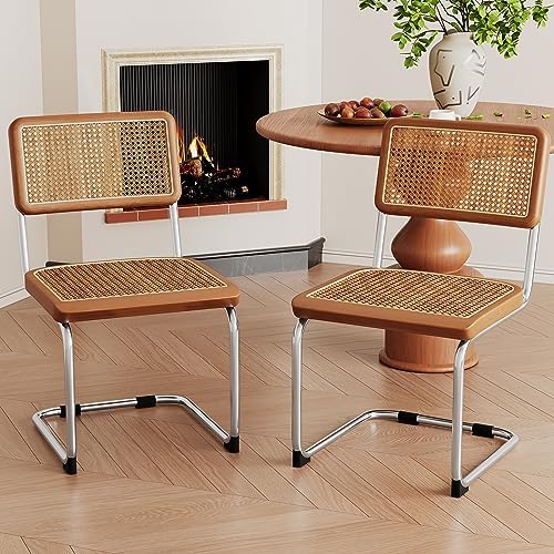 Alunaune Modern Mid Century Dining Chairs Set of 2, Upholstered Natural Ratta...