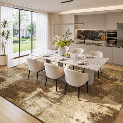 Merelax 8x10 Brown Washable Area Rug Non-Slip Faux Wool Abstract Rug