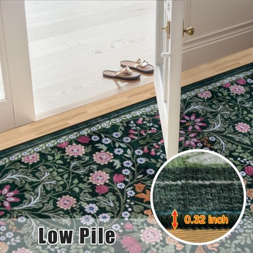 PLHXFR 8x10 Area Rug Living Room: Floral Washable Boho Carpet Dark Green