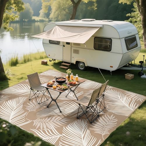 Pauwer Waterproof Outdoor Rug 8x10, Plastic Straw Patio Rug, Leaf Brown
