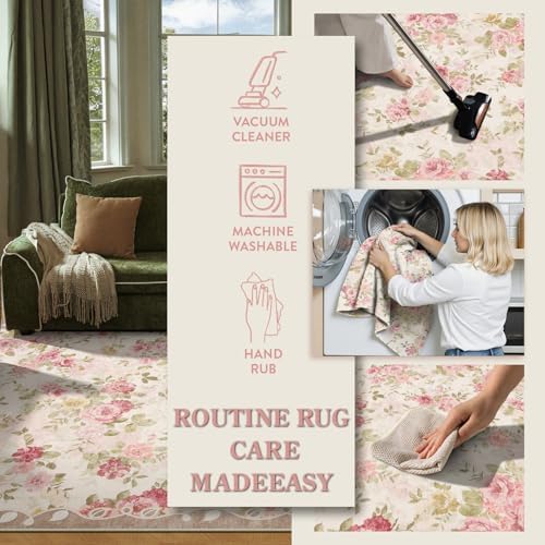 Lahome Floral Washable Rugs 5x7,Pink Vintage Rugs for Bedroom Girls