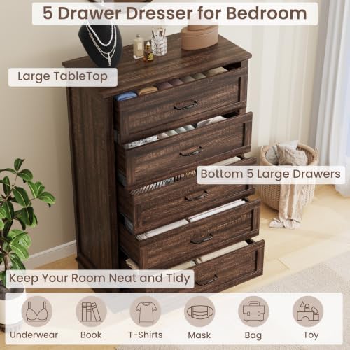 Garvee Brown 5 Modern Chest of Drawers Dresser with Storage for Bedroom