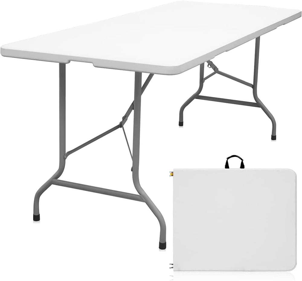 Folding Table 6ft, Heavy Duty Plastic Fold-in-Half Utility Table, White