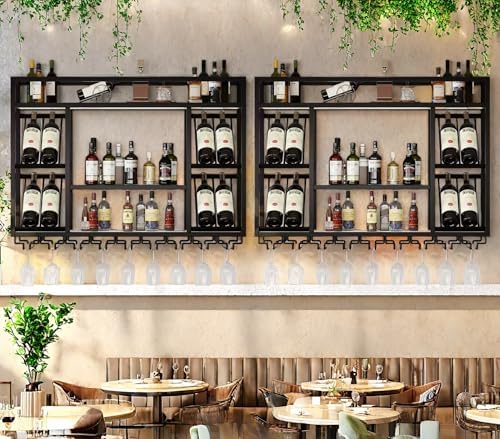55 Inch Wine Rack Wall Mounted, 3-Tier Wall Bar Shelf with Glass Holder, Indu...