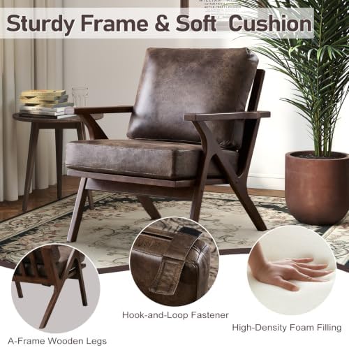 ANJ Faux Leather Accent Chair with Overstuffed Cushion, Mid-Century Modern Ar...