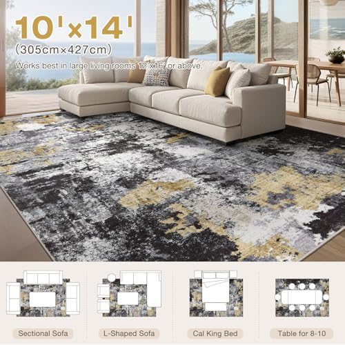 Washable 10x14 Area Rugs for Living Room: Abstract Modern Home Decor Rug