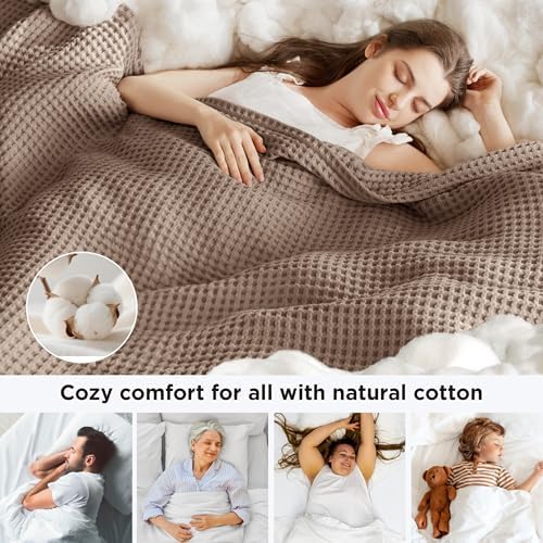 Bedsure Lightweight 100% Cotton Waffle Blanket, King, Coffee Brown