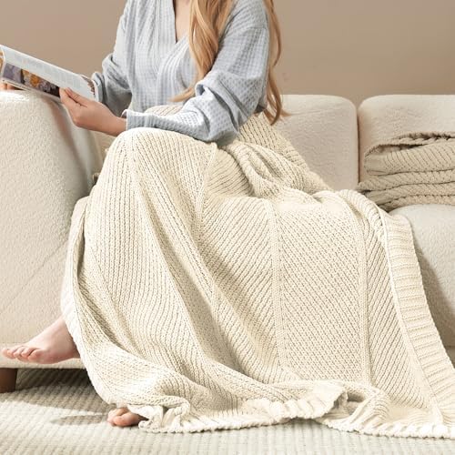 Amélie Home Chenille Knit Throw Blanket for Couch, Ivory, 50"x60"