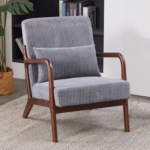Mid Century Modern Accent Chair, Upholstered Fabric Armchair with Lumbar Pill...