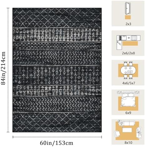 Washable 5x7 Area Rug, Modern Boho Black Non-Slip for Living Room, Bedroom