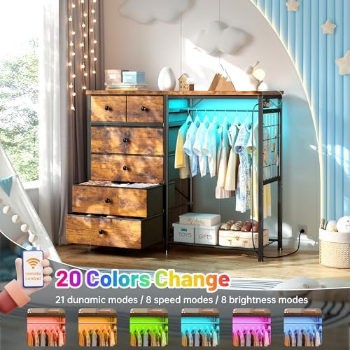 EnHomee 49.2" W Dresser with Hanging Rack & 6 Drawers, Grid Panel &a...