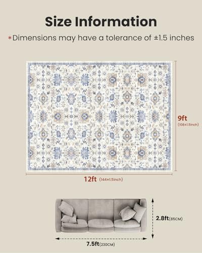 Amada Large 9x12 Washable Area Rug for Living Room, Blue/White, Vintage