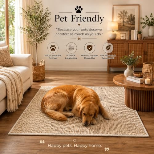 Jute Cotton Area Rug, Hand Woven Farmhouse Carpet for Living Room, Bedroom, D...