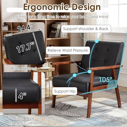 STHOUYN Black Leather Accent Chair, Waiting Chair with Wooden Arms