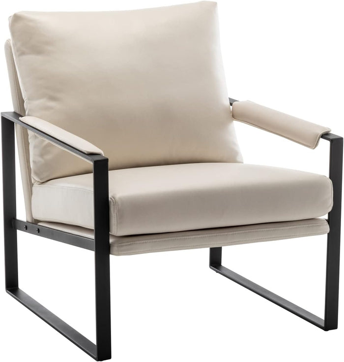 UNICOO Modern Faux Leather Accent Chair, Upholstered Armchair with Metal Frame, Thick Seat Cushion and Oversized Back Pillow, Easy-Clean Lounge Chair for Living Room, Bedroom, Office and Reception