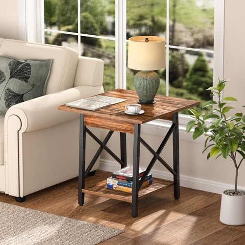 GreenForest 24 Inch Square End Table, X-Frame with Large 2-Tier Storage