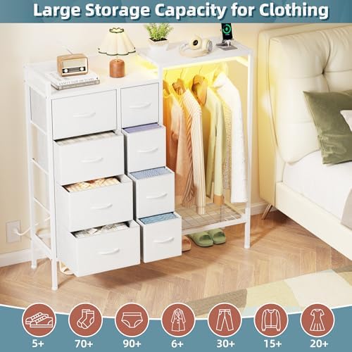 HIGDBFE 8-Drawer Dresser with Hanging Rack for Bedroom, White, 11.8" D