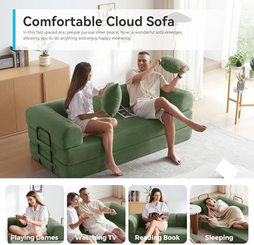 79" Convertible Futon Sofa Bed, Boneless Couch for Living Room (Green)
