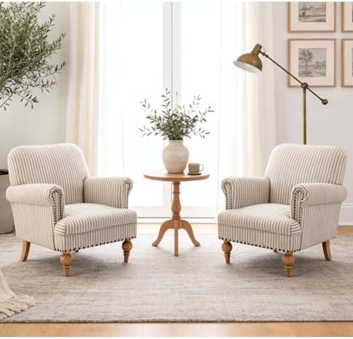 Khaki Striped Linen Fabric Accent Chair, Modern Farmhouse Upholstered Armchai...