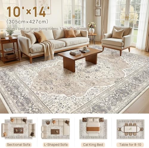 Vintage 10x14 Washable Area Rugs for Living Room, Non Slip, Camel