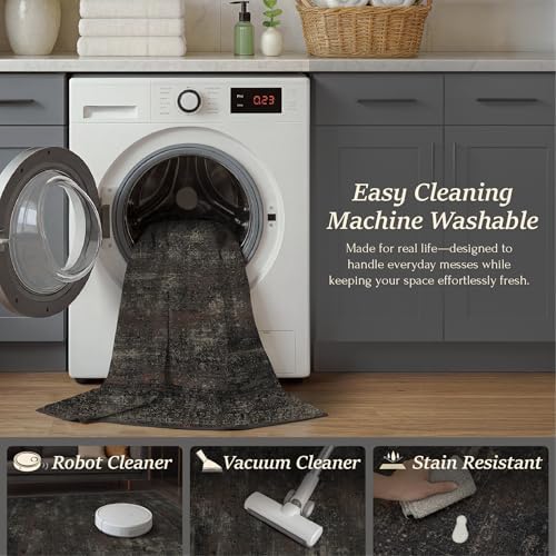 TALANOVA Black Farmhouse Washable 8x10 Area Rugs for Living Room, Dark Charco...