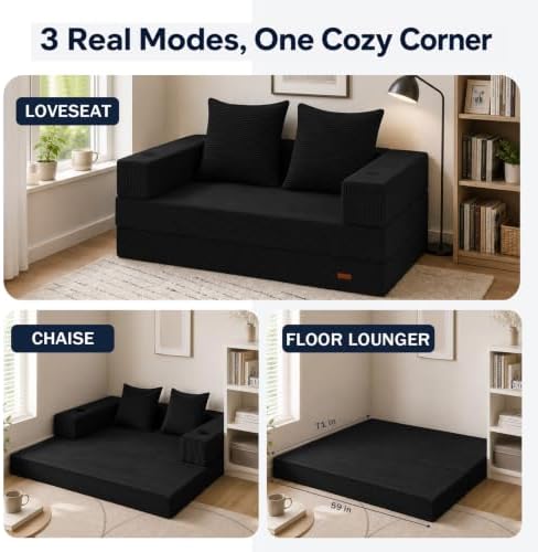 COMAX Boneless Futon Sofa Bed, 59" Small Low-Profile Floor Couch, Black