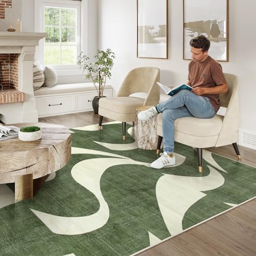 Lahome Abstract 5x7 Rug,Low-Pile Soft Green Rugs for Living Room,Retro Swirl ...