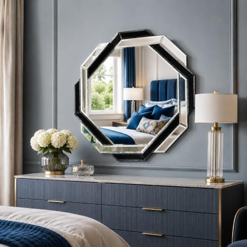 Black Bathroom Mirror-24”X24” Wall Mirrors Decorative, Beveled Edge Frameless...