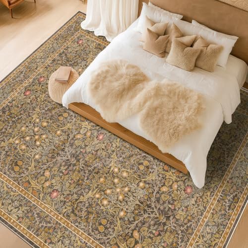 Vintage Floral Living Room Rug 8x10, Gold Brown Washable Area Rugs for Bedroo...