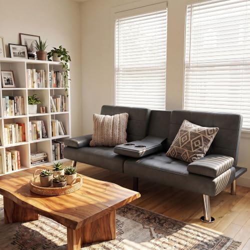 Homall Faux Leather Futon Sofa Bed, Loveseat with Adjustable Backrest