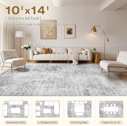 kakania Abstract 10x14 Area Rugs for Living Room: Washable Rugs Grey White