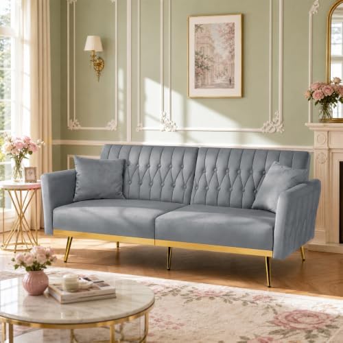 70” Velvet Futon Sofa Bed w/Adjustable Armrests, Grey