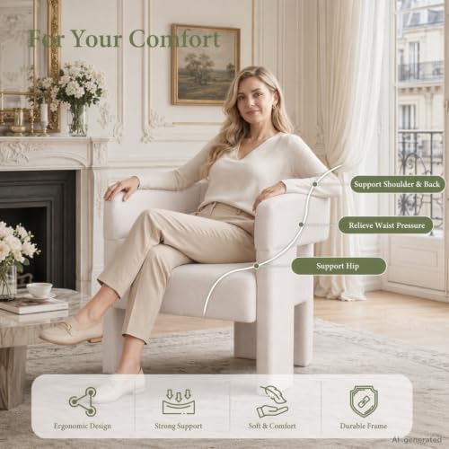 Beige Modern Accent Chair, Upholstered Barrel Armchair with Solid Wood Legs