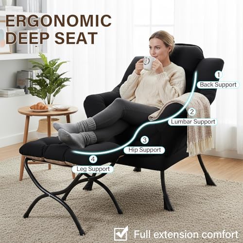 Welnow Lazy Chair with Ottoman, Reading Chair with Footrest,Matte Black