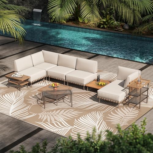 Pauwer Waterproof Outdoor Rug 8x10, Plastic Straw Patio Rug, Leaf Brown