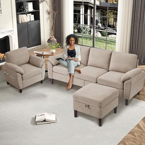 3 Piece Convertible Sectional Sofa Set, Modern Linen Small L Shaped Couch wit...