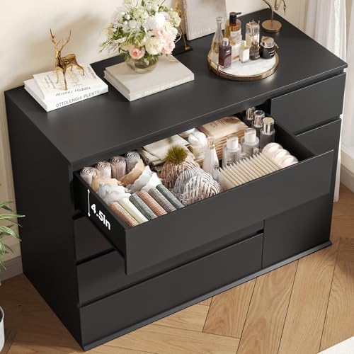 FOTOSOK Black Dresser, Dresser for Bedroom, Wide Chest of Drawers