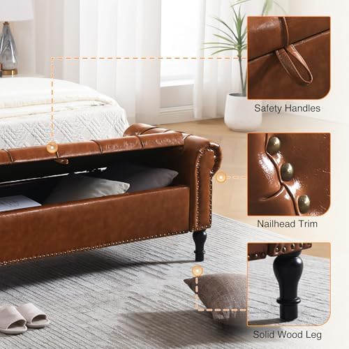 Storage Bed Bench for Bedroom, Faux Leather 67" End of Bed Benches, King...