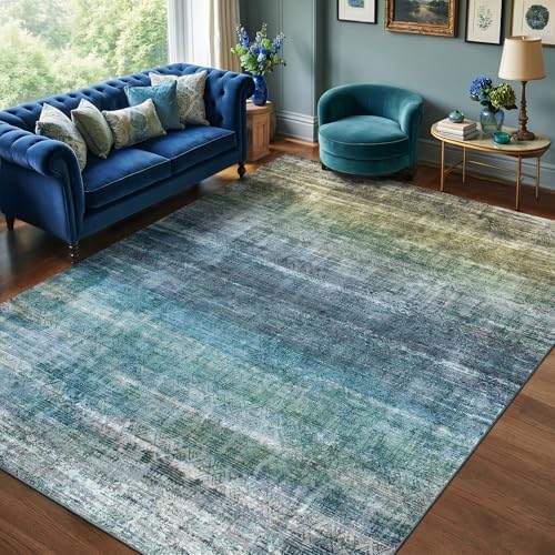 8x10 Teal and Sage Green Abstract Area Rug Living Room Boho Ombre Washable
