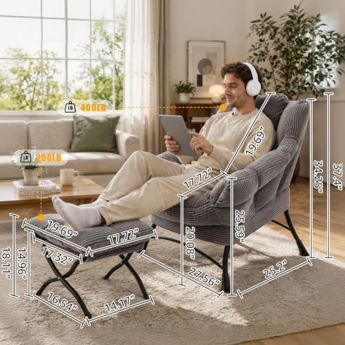 Lazy Chair with Ottoman, Modern Skinny Lounge Chair with Footrest