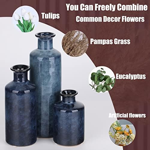 Blue Ceramic Vase Set - 3 Blue Small Vases, Farmhouse Country Flower Vase Hom...