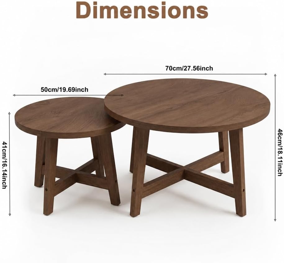 Set of 2 Round Nesting Coffee Tables,Walnut Tone | X-Shaped Frame, Stackable ...