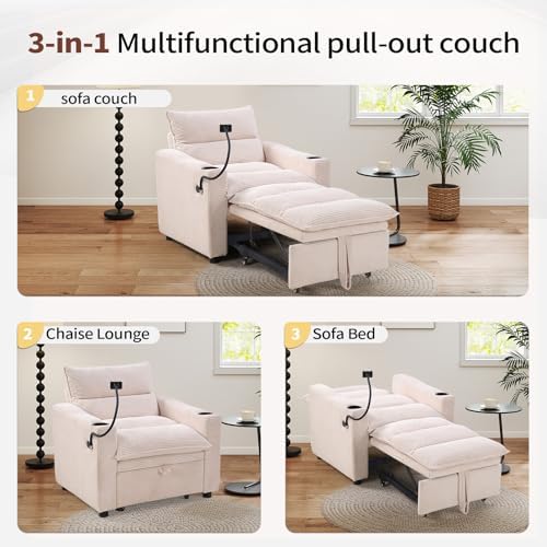 HAOMARKETS Corduroy Sleeper Sofa Bed with Cup Holders, 3-in-1 Convertible Pul...