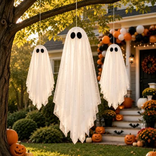 3 Pack Pre-Assembled Hanging Ghosts Halloween Decorations with Warm Glow,Ghos...