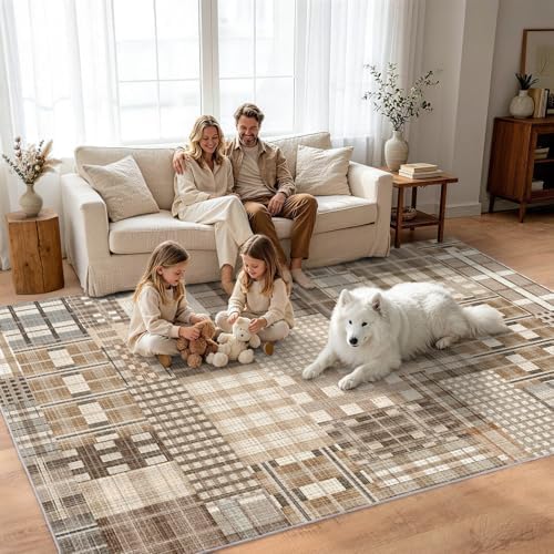 Rezutan Washable Area Rug 8x10, Modern Geometric Plaid, Non-Slip, Beige